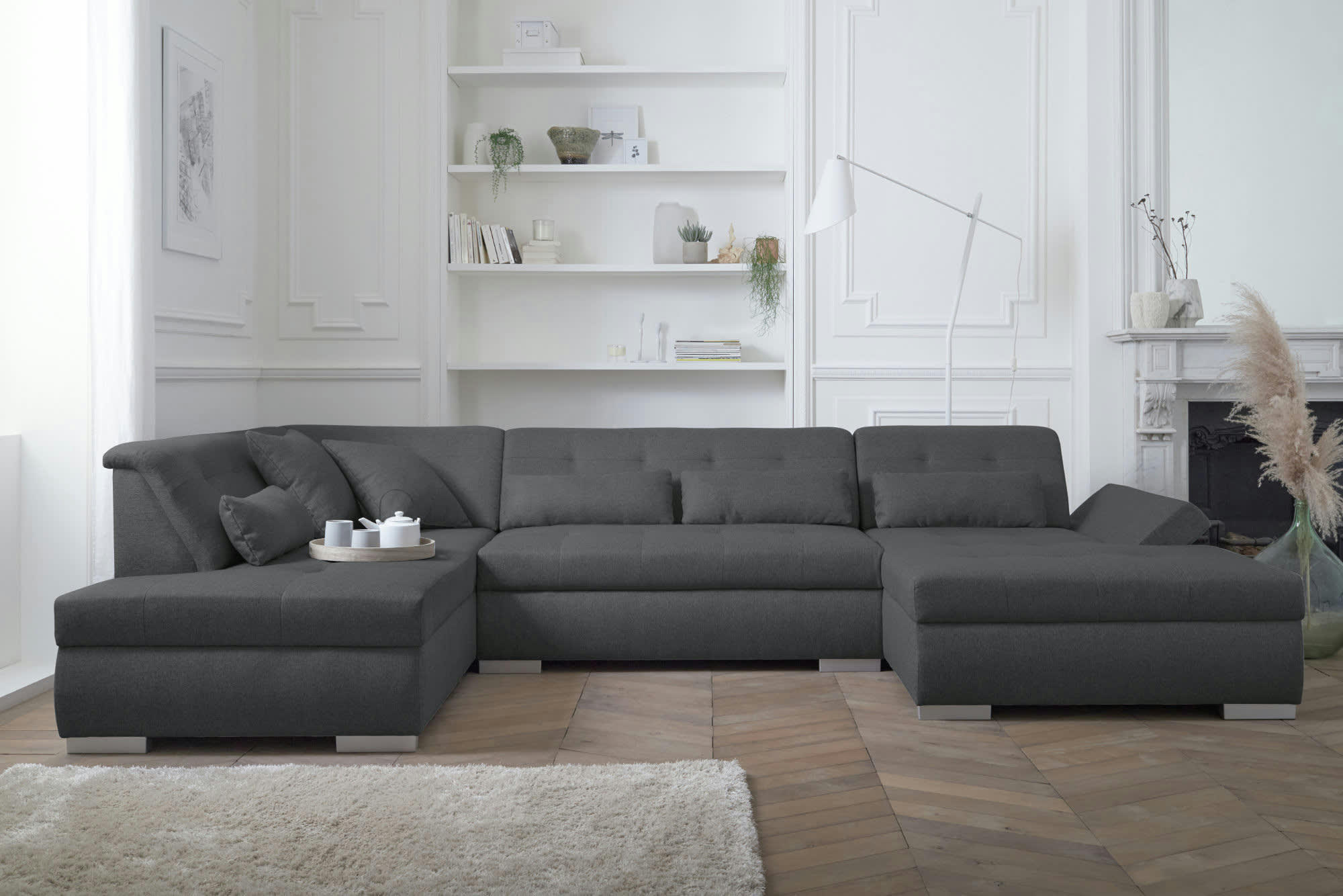 VERMONT - Canapé panoramique 7 places angle gauche en tissu gris foncé