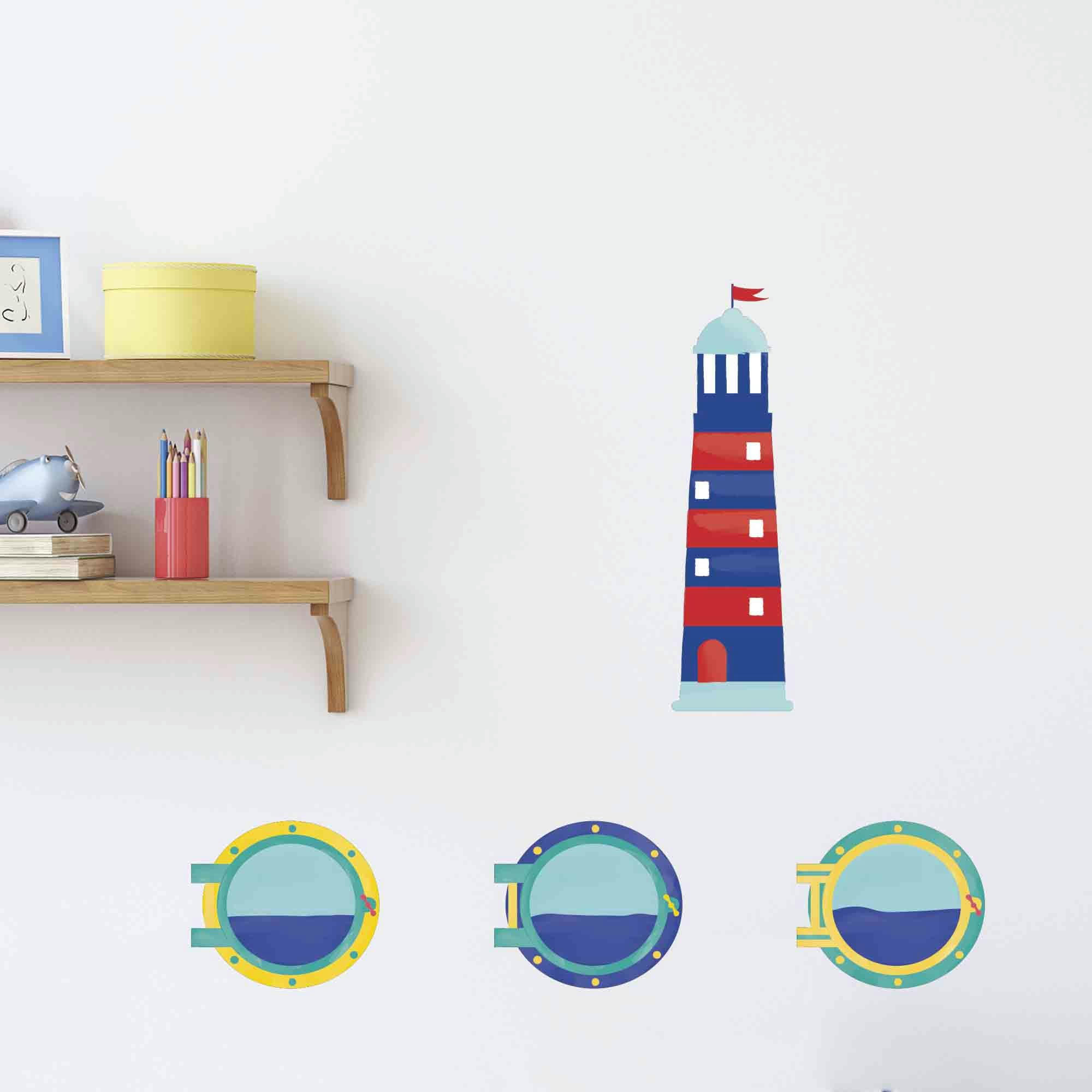 - Sticker Mural Phare Marin Bleu Et Rouge