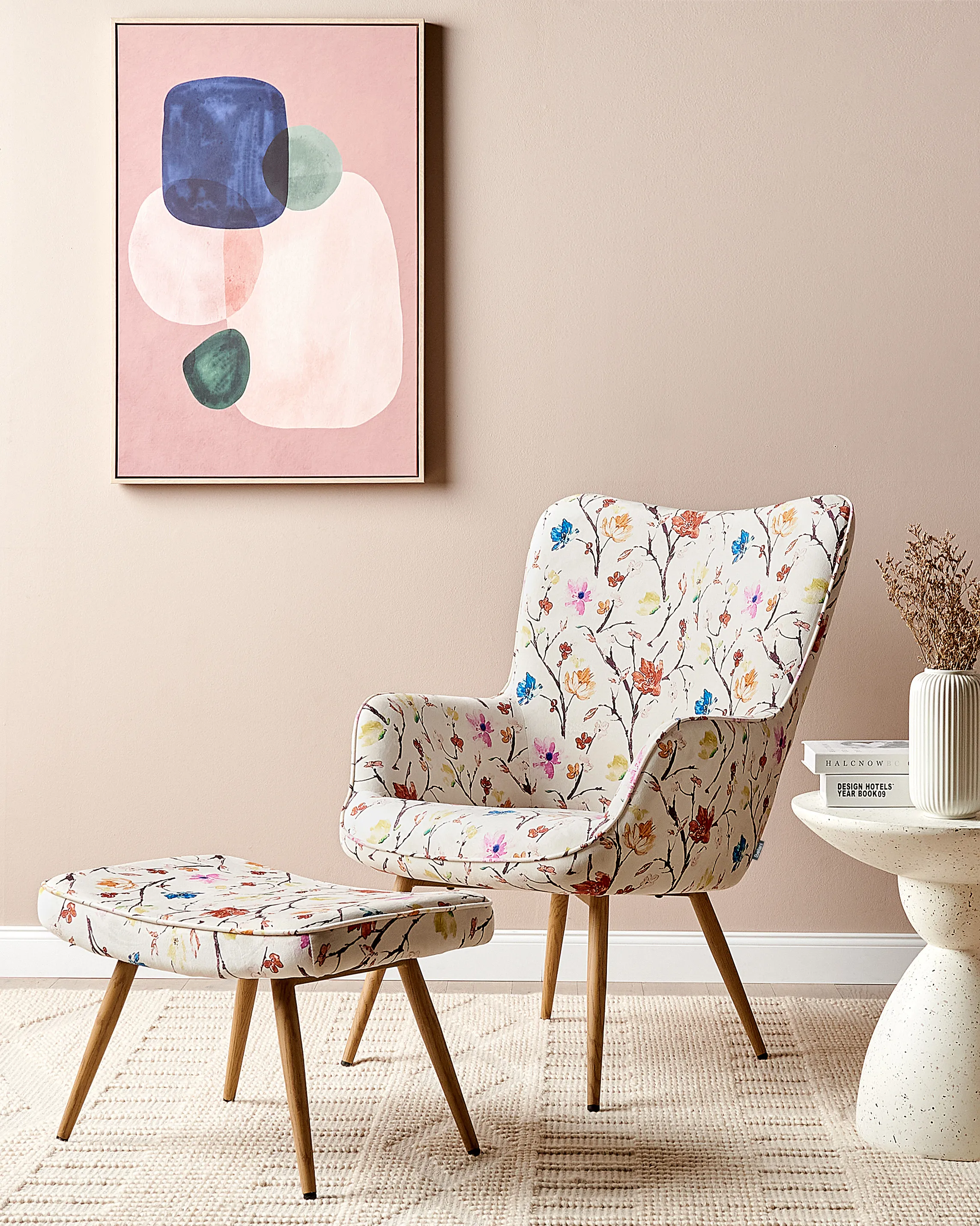 Wingback Chair VEJLE with Footstool Fabric Light Beige