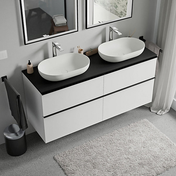 Meuble sous vasque suspendu MDF Blanc mat, plan vasque &poignée Noir mat - 140x46x62cm - LAVOA