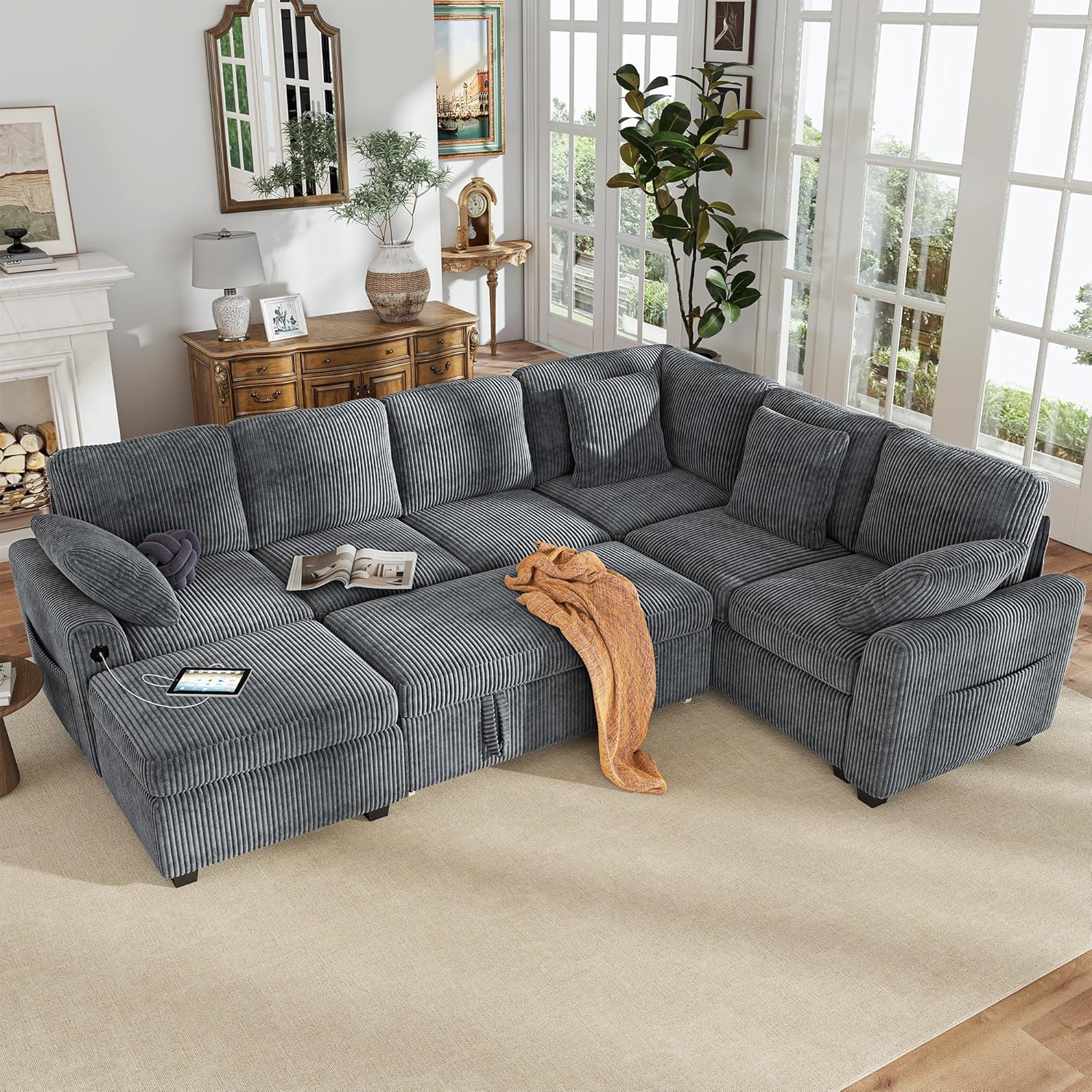 Hanherry Sectional Couch with Pull Out Sofa Bed,Corduroy Sleeper Sofa with Storage Ottoman & USB Charging,Comfy L Shaped Modular Couches for Living Room,Apartment | USB Charging, Corduroy Fabric