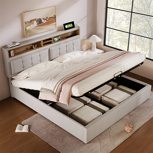 Lit rembourré 160x200cm, lit avec rangement, lit double avec fonction de recharge USB-C, tête de lit et sommier à lattes,lin,beige