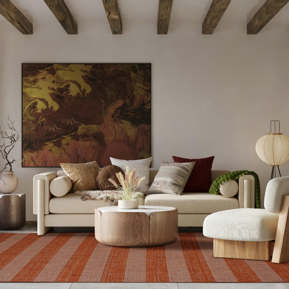 TERRAIN - Tapis intérieur-extérieur aspect jute motif lignes terra cotta 195x275