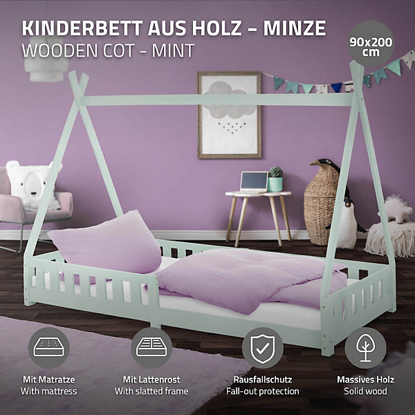 Lit d'enfant ML-Design Tipi 90x200 cm menthe cadre en bois de pin style indien avec matelas H:10 cm