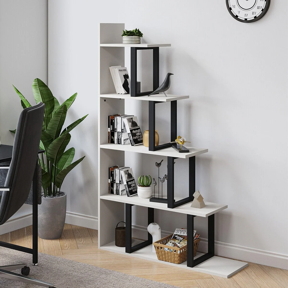 Moasis 5-Tier L Shaped Bookshelf, Ladder Etagere Bookcase Display Shelf for Living Room