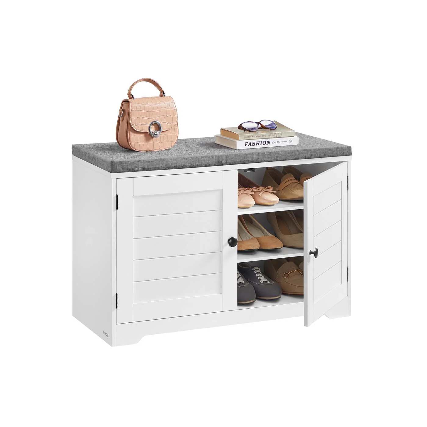 Banc à chaussures avec portes coussin et étagères réglables