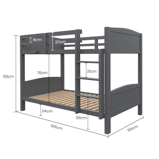 NNEMB Bunk Bed Frame-Solid Pine 2-in-1 Modular Design Convert to 2 Single Beds-Grey