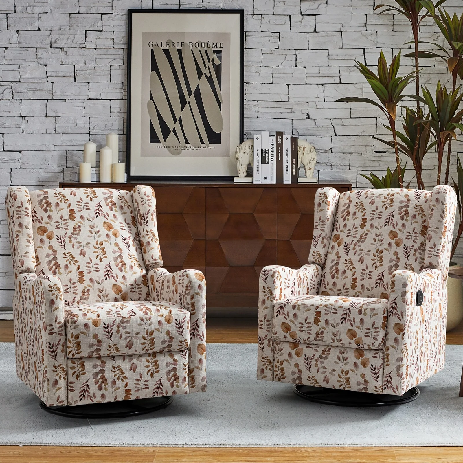 Gastone Transitional Floral Fabric Nursery Recliner with Curved Arms by HULALA HOME(Set of 2)
