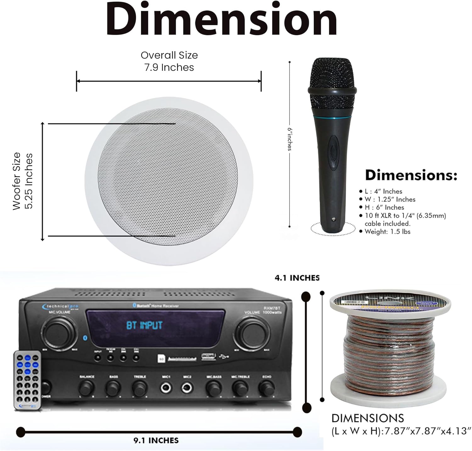 Home Theater System Kit 1000 Watts Bluetooth Receiver w/ 6 Qty 5.25 175 Watts Each in-Wall in-Ceiling Speakers & 16 Gauge 250 ft. Speaker Wire Portable Microphone w/Remote Control by Technical Pro