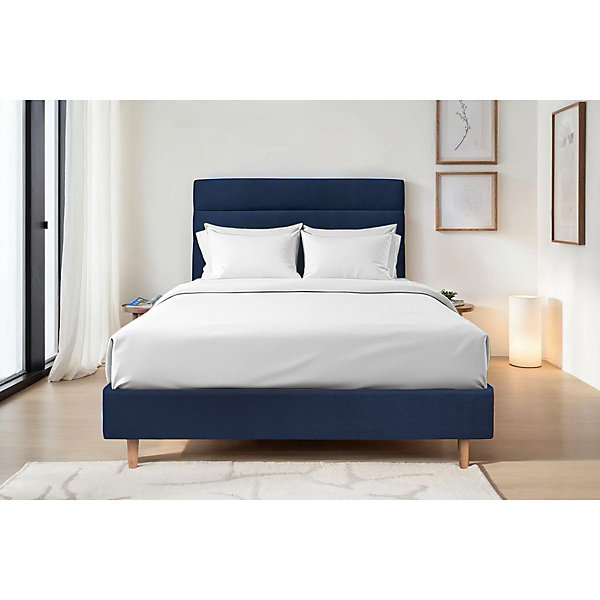 Lit avec tête de lit lignes velours et sommier tapissier- Lit en bois massif