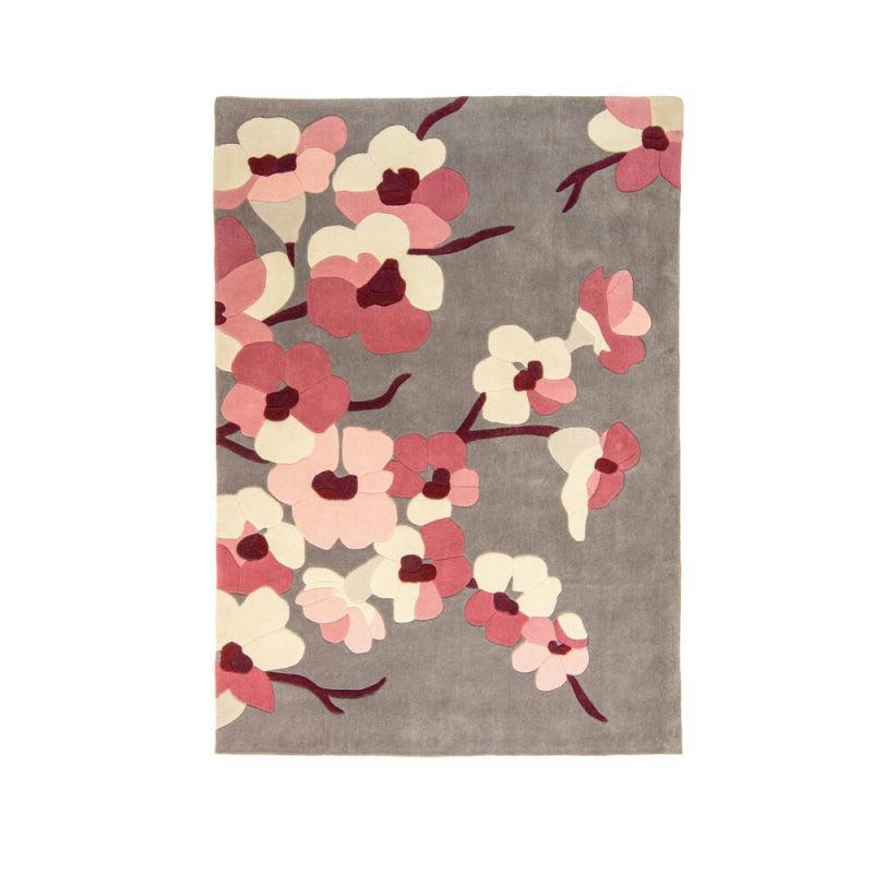CERISIER - Tapis de Salon Moderne rose et gris fleurs 120 x 170