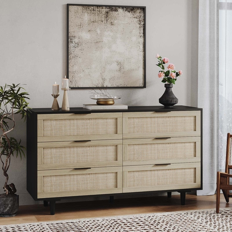 Rattan 6 Drawers Dresser for Bedroom, Chest of Drawers with Storage, Double Dresser with Metal Handle