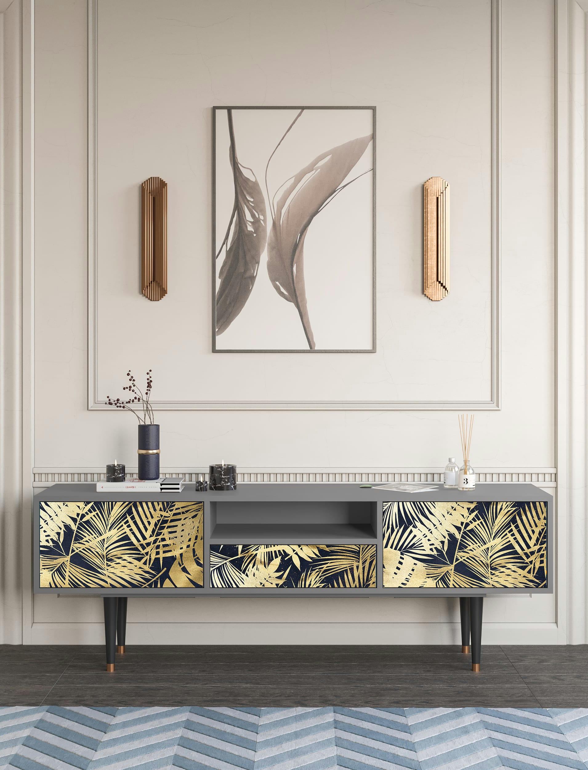 JUNGLE VIBES - Meuble TV  bleu et jaune 1 tiroir et 2 portes L 170 cm