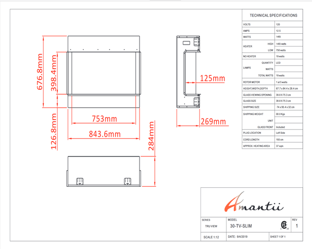 Amantii Smart 30" unit &ndash; 10 5/8" in depth 3 sided glass fireplace