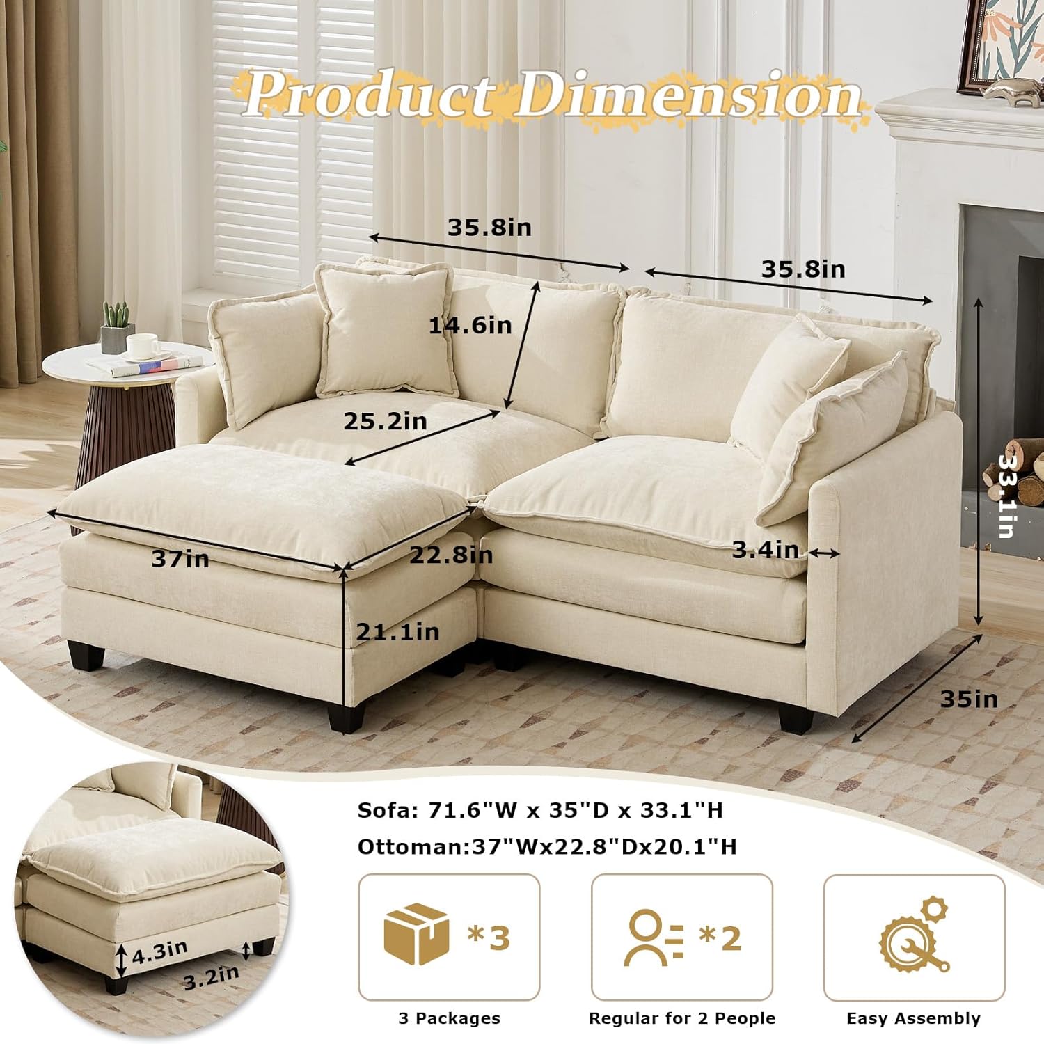 SoarFlash 77.95 Chenille Sectional Sofa, Comfy L Shaped Modular Coush Sofa with Ottoman, Modern 2 Seat Couch Deep Seat Sofa Set for Living Room,Beige