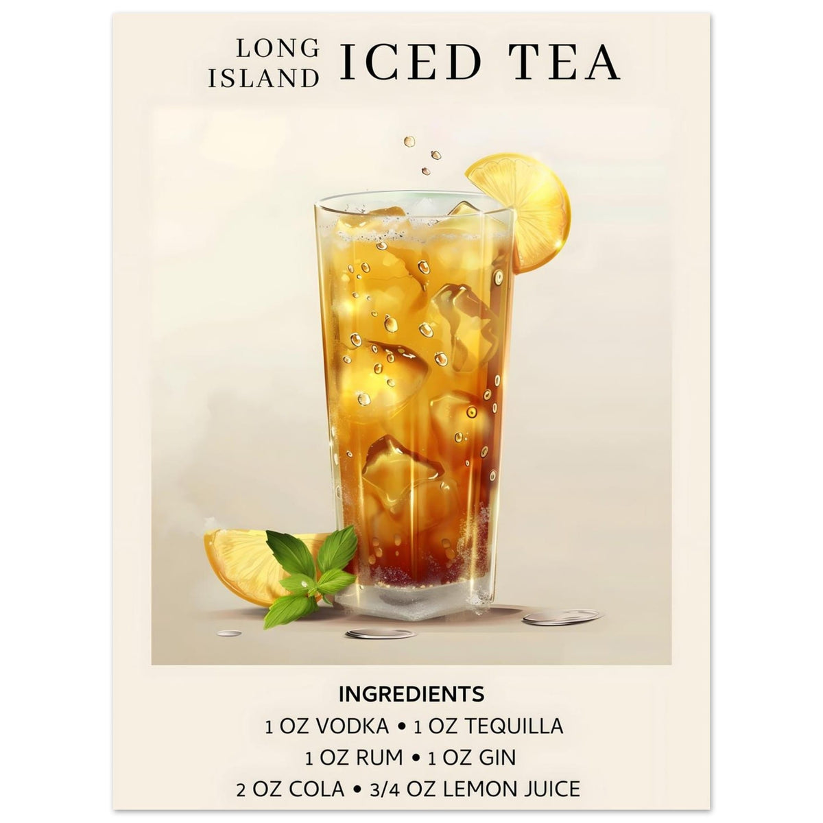 Artfulprints Poster Long Island Iced Tea cocktail - Ingrediënten  - 30x40 cm - Grijs