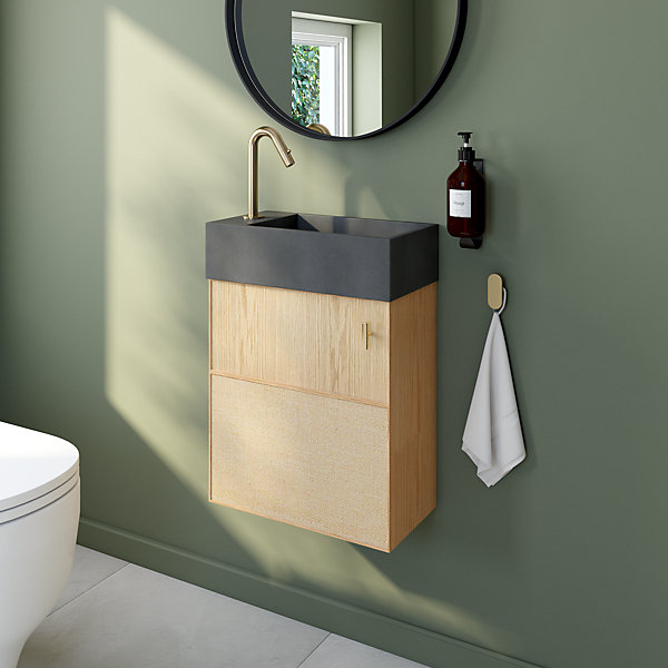 Ensemble meuble lave-mains Java effet chêne clair et jute l.44 cm   plan vasque lave-mains béton gris