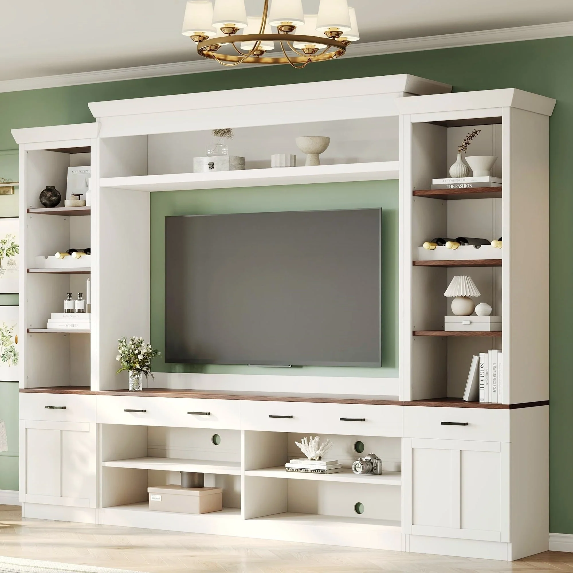 70-Inch Farmhouse 4-Piece Entertainment Wall Unit with Bookshelves and Wine Racks