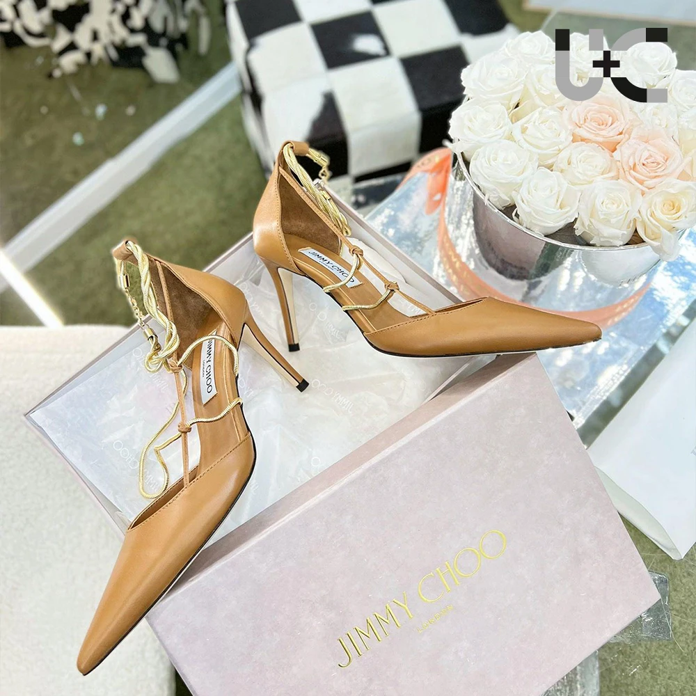 Jimmy Choo Sheepskin Spaghetti Strap Chain  Heels
