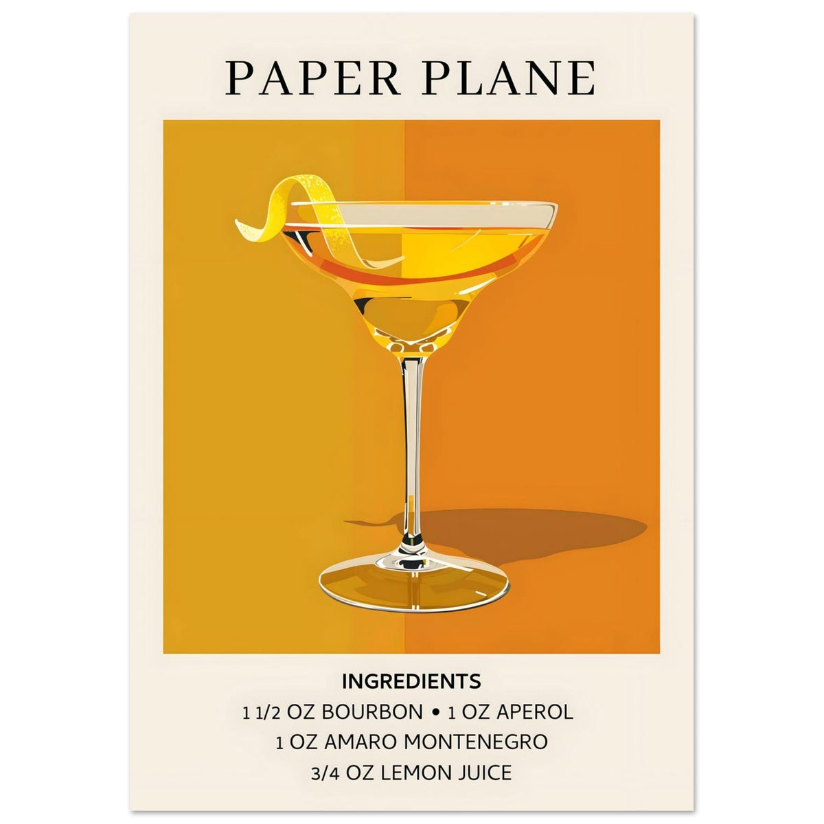 Artfulprints Poster Paper Plane cocktail - Ingredients  - A4 21x29.7 cm - Oranje