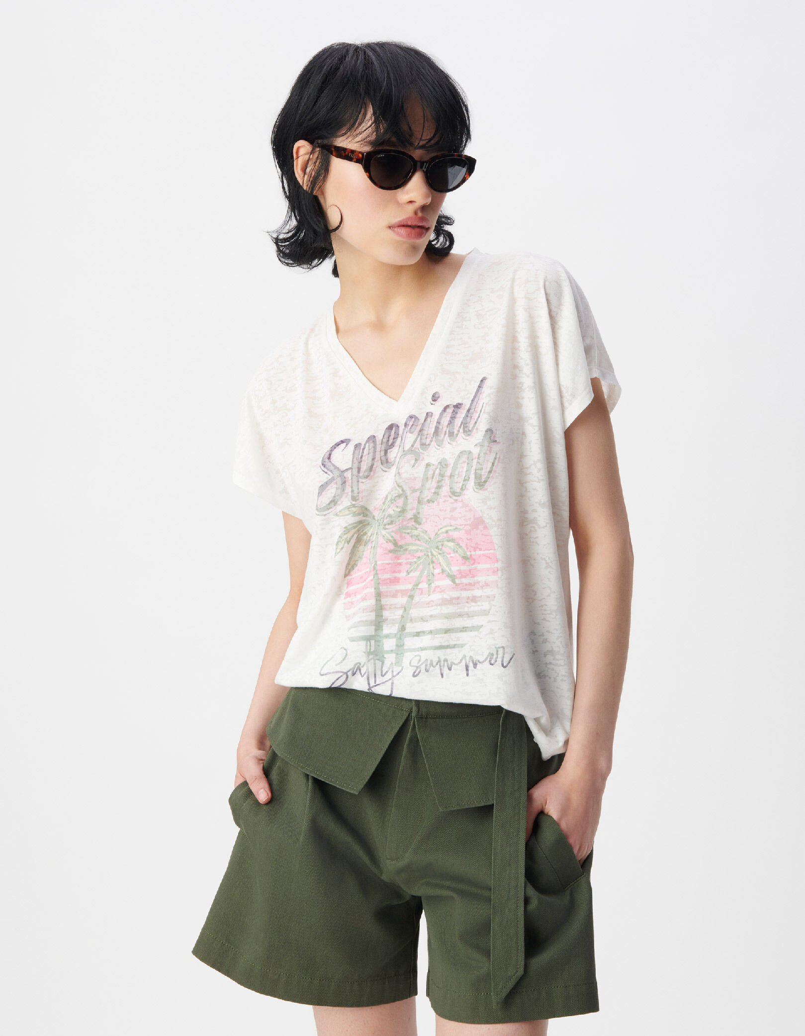 Tee-shirt col V blanc visuel palmiers et messages Femme