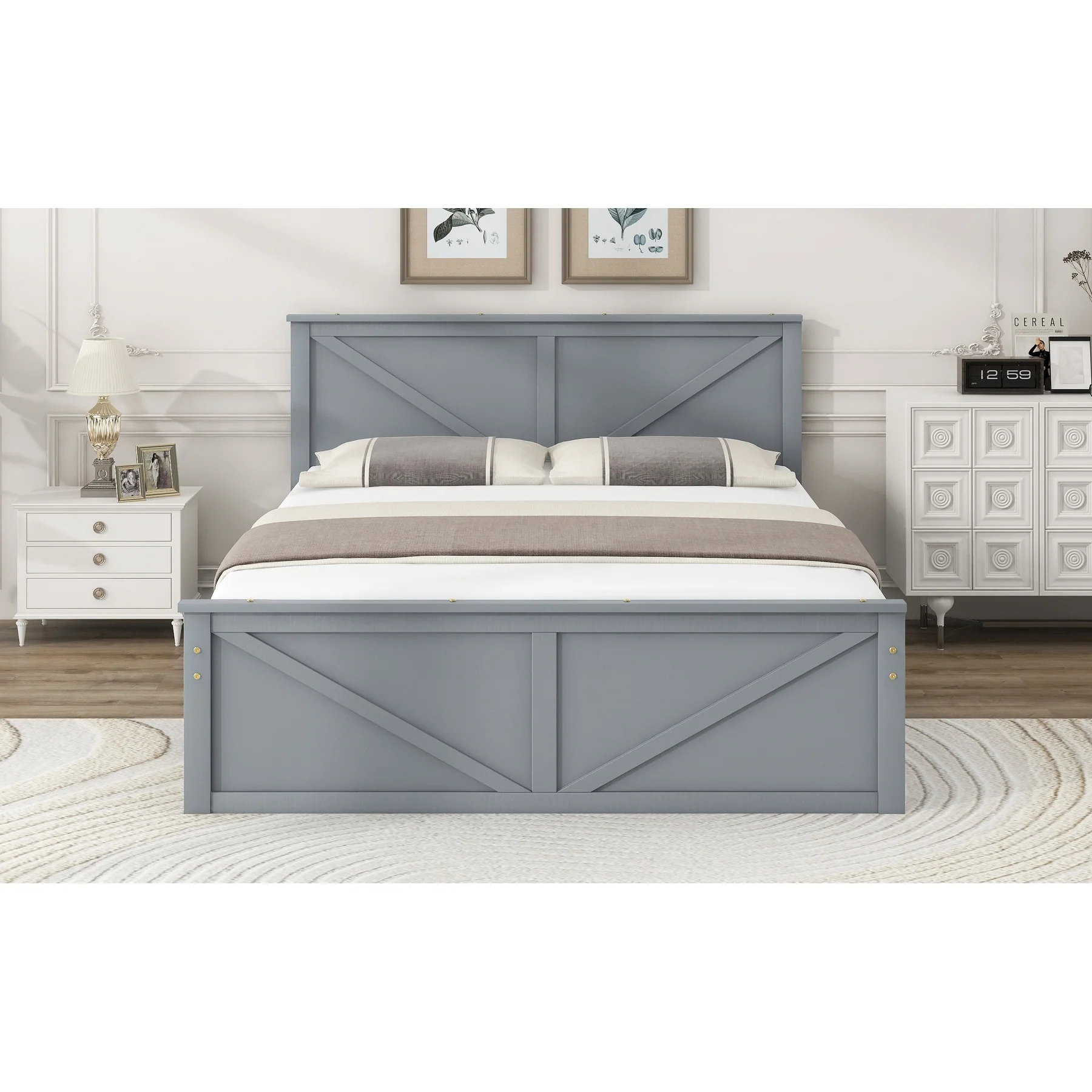 Queen Size Wooden Platform Bed with Four Storage Drawers and Support Legs, Gray