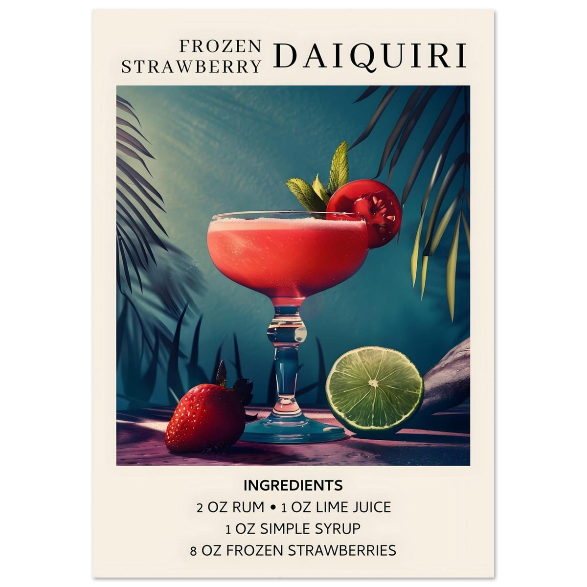 Artfulprints Poster Frozen Strawberry Daiquiri cocktail - Ingrediënten  - A4 21x29.7 cm - Meerkleurig