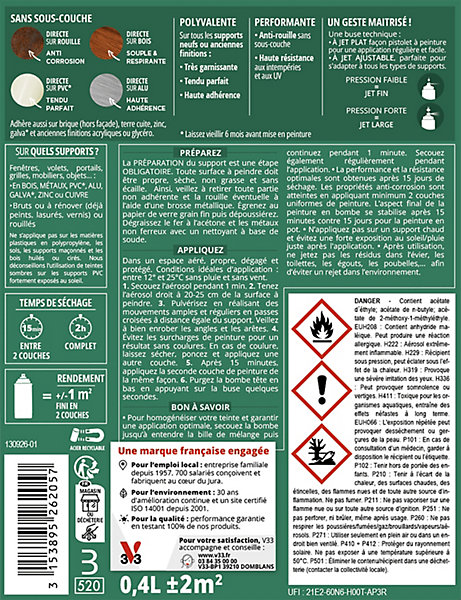 Bombe de peinture extérieure bois, fer, plastique gris anthracite RAL 7016 satin V33 Easy Rénovation 400 ml