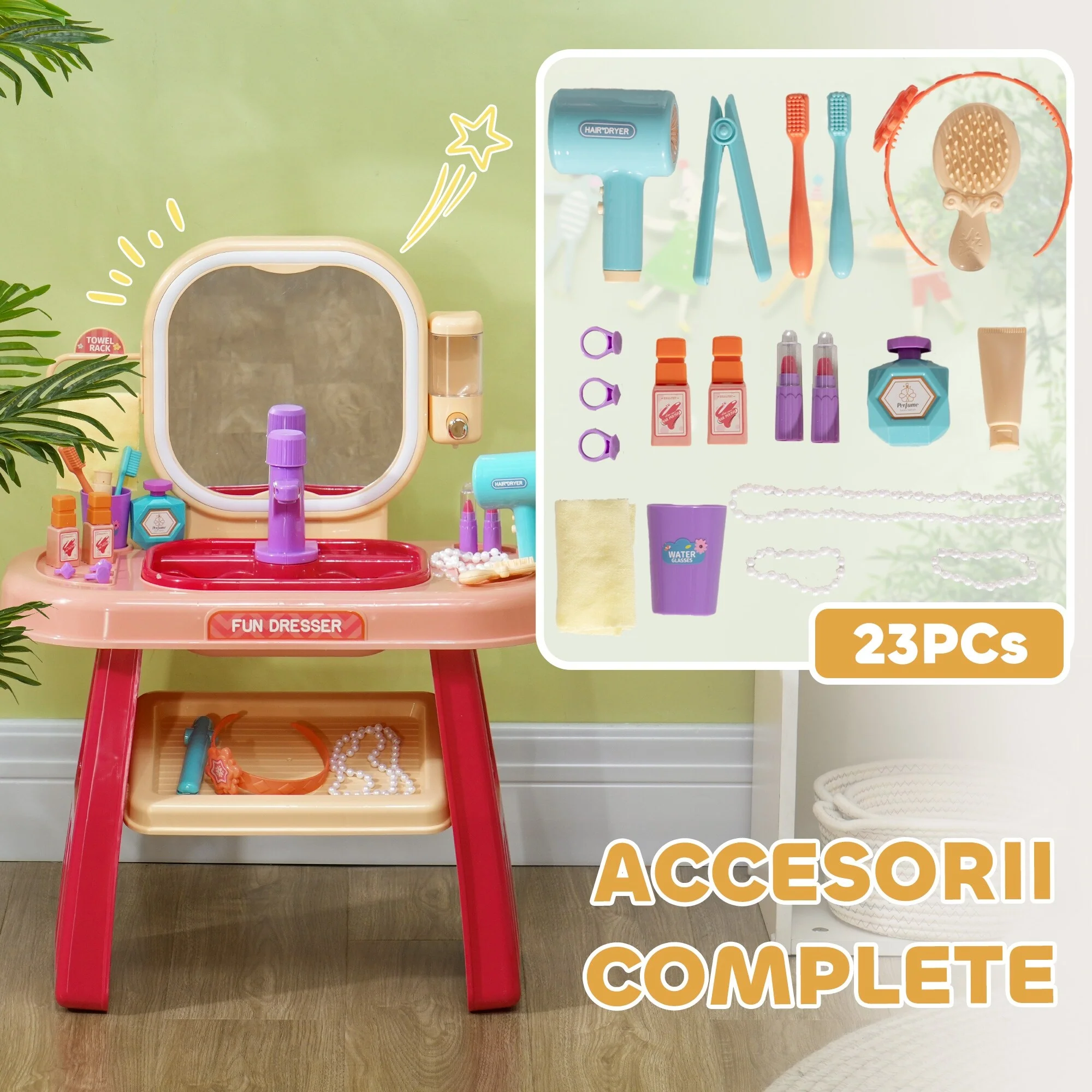 Kids Vanity Set, Toddler Makeup Table with Faucet, Mirror, LED Light, Music, 23 Accessories, Pretend Play Set