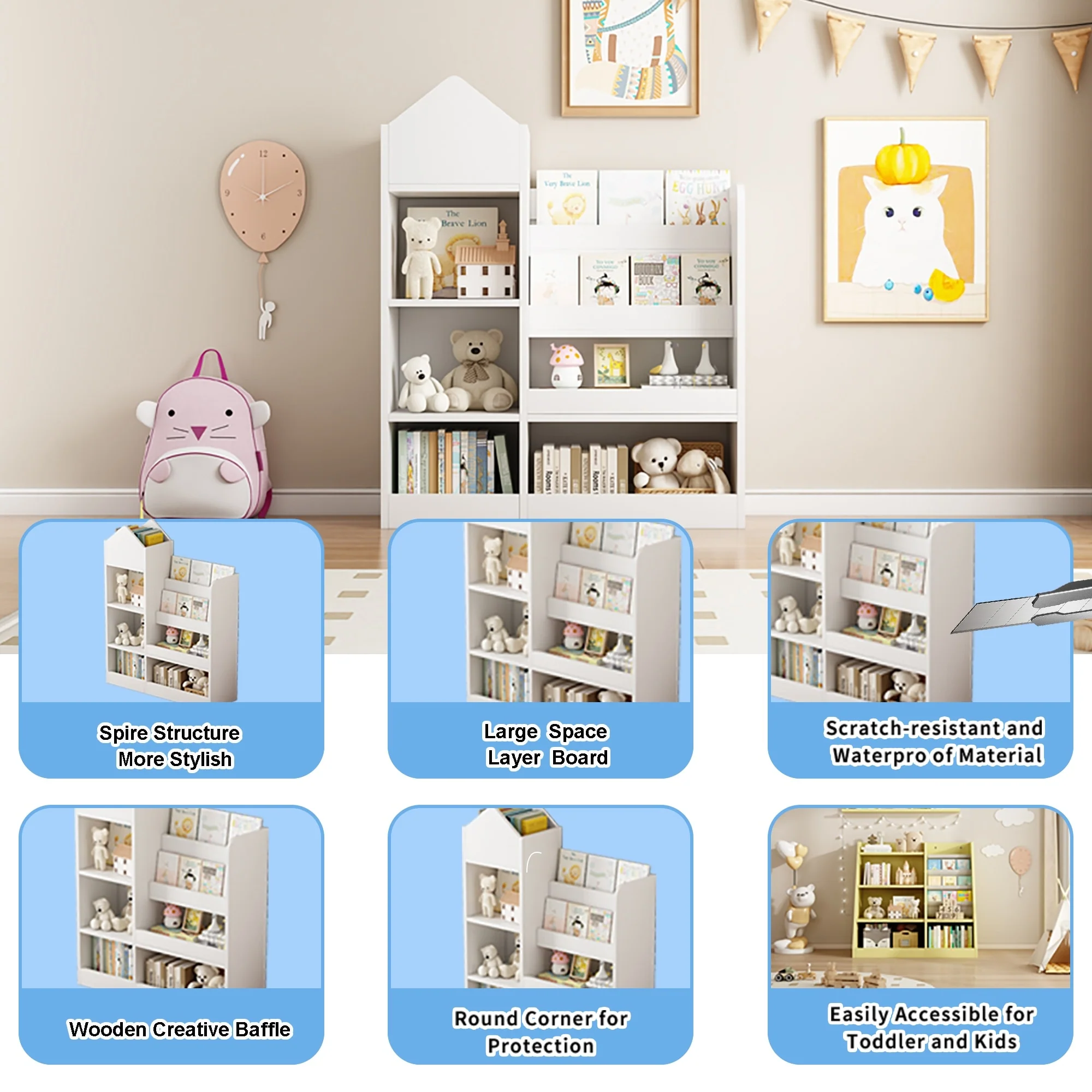 Kids Wooden Bookshelf Toy Storage Organizer with Bookcase