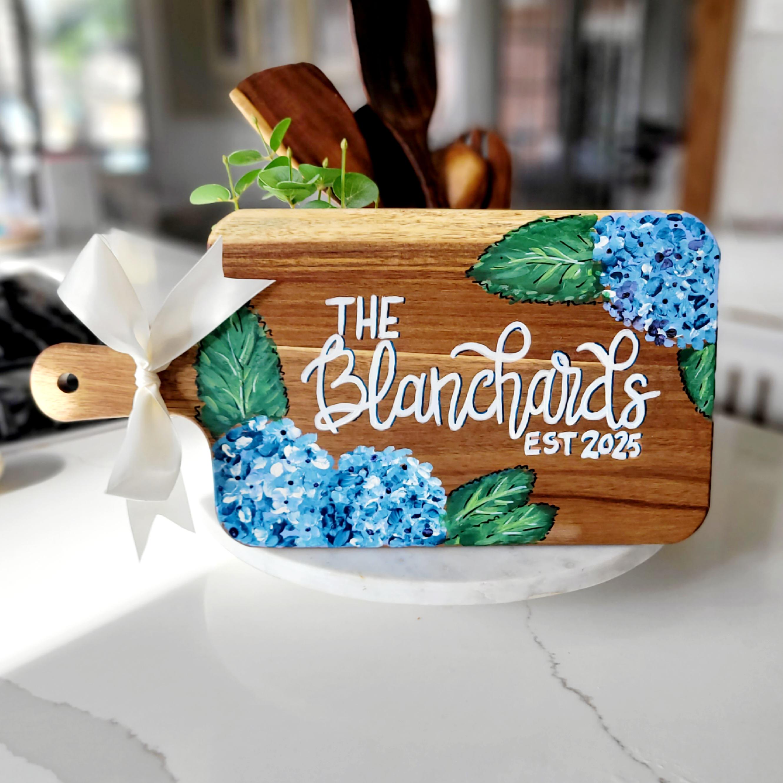 Hand Painted Hydrangea Acacia Wood Cutting Board | Personalized Decorative Kitchen Gift