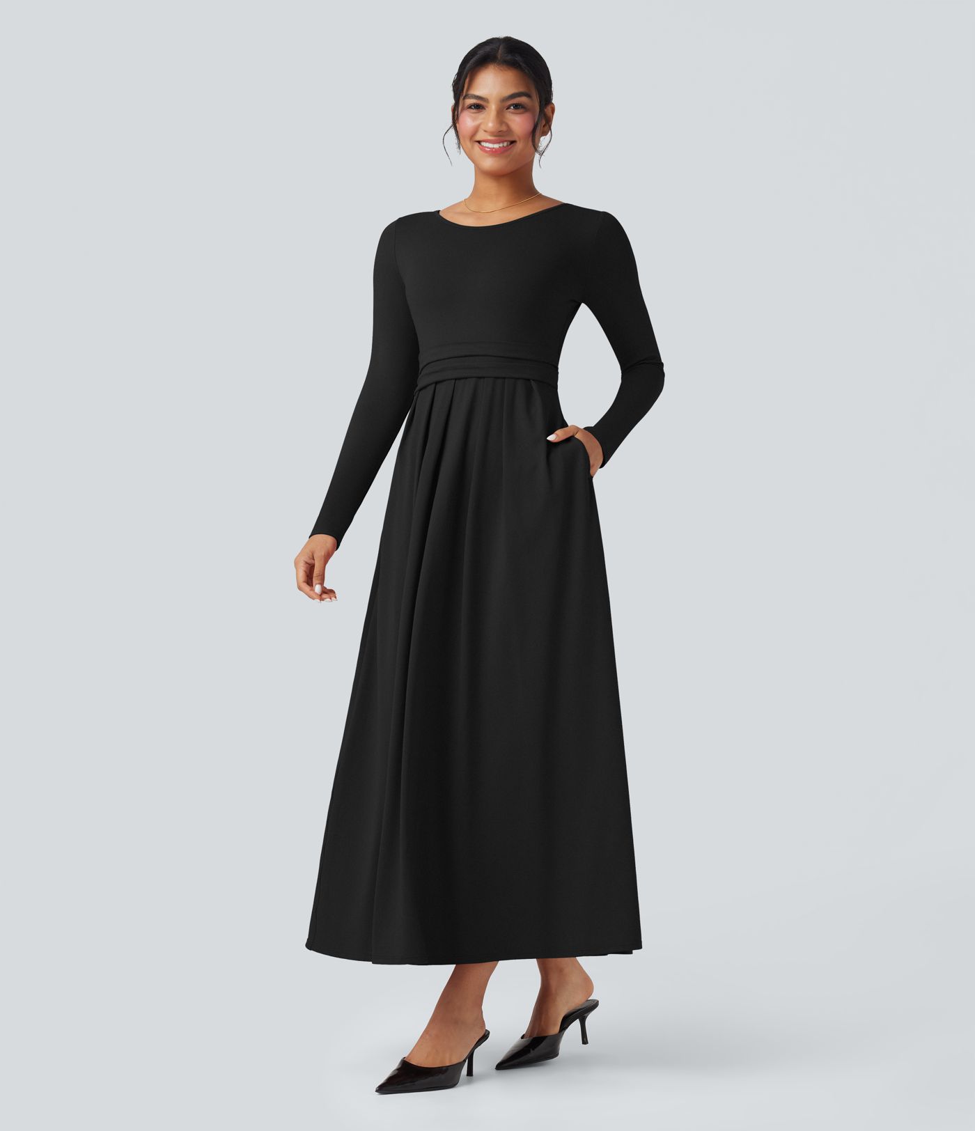 Robe longue décontractée évasée col rond plongeant manches longues avec poches