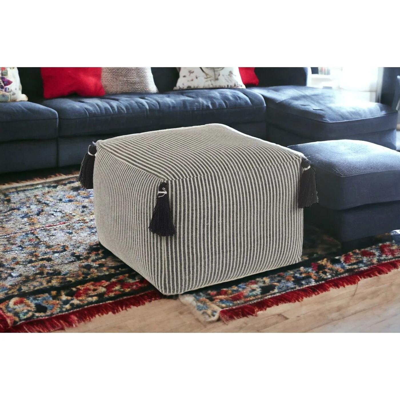 18 Inch Grey Striped Pouf Ottoman Cotton Upholstered Floor Accent