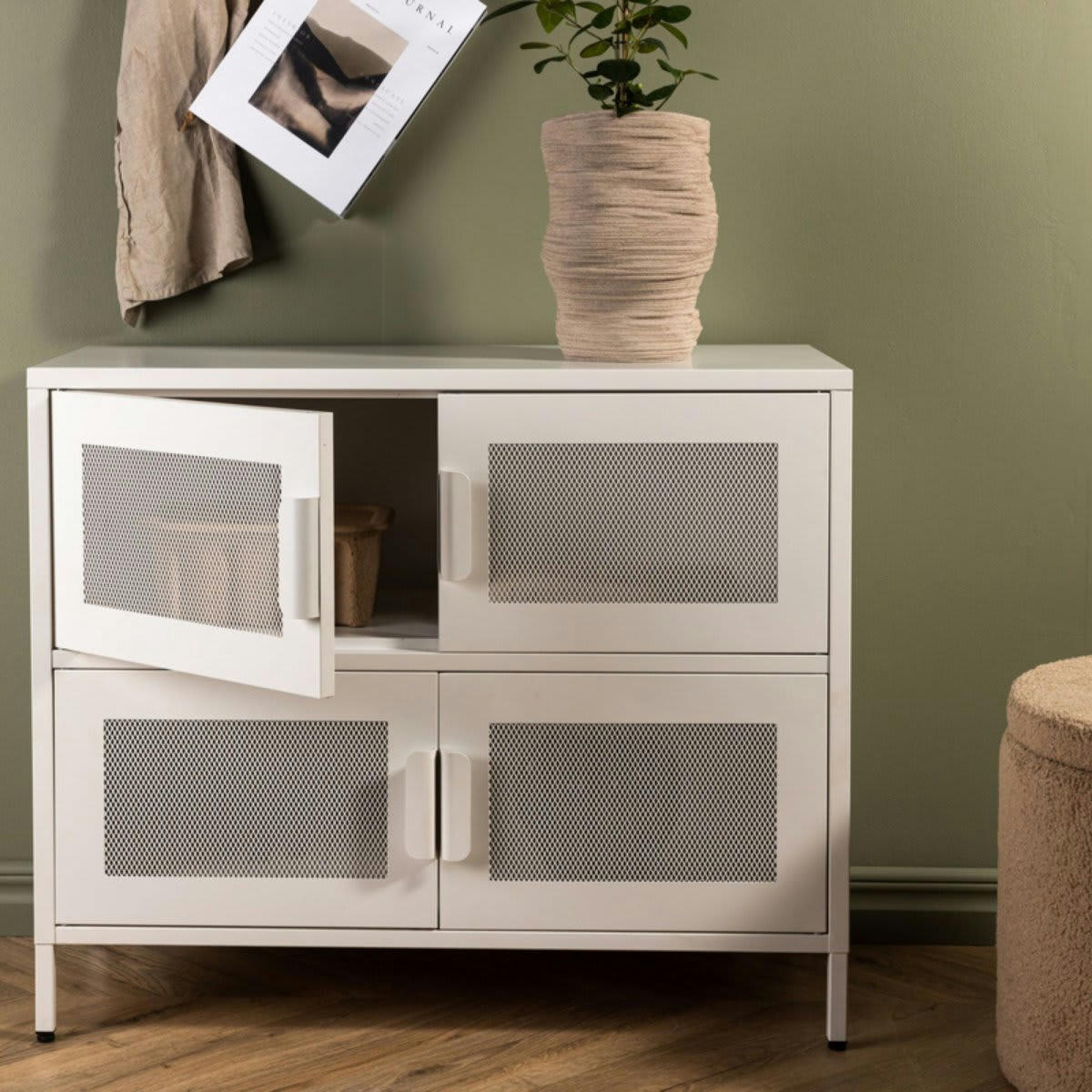 PARME - Buffet bas style industriel en métal 4 portes blanc