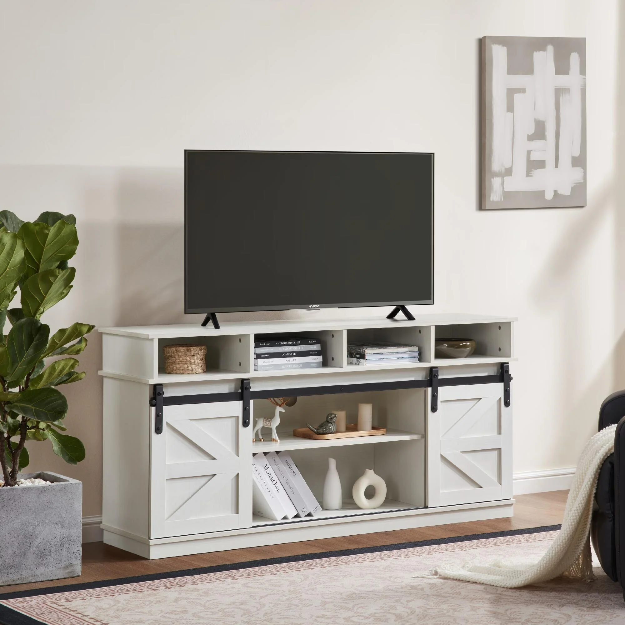 Homy Casa Modern Farmhouse TV Stand in White – 60in Media Console with Dual Barn Doors and Open Shelf Storage - N/A