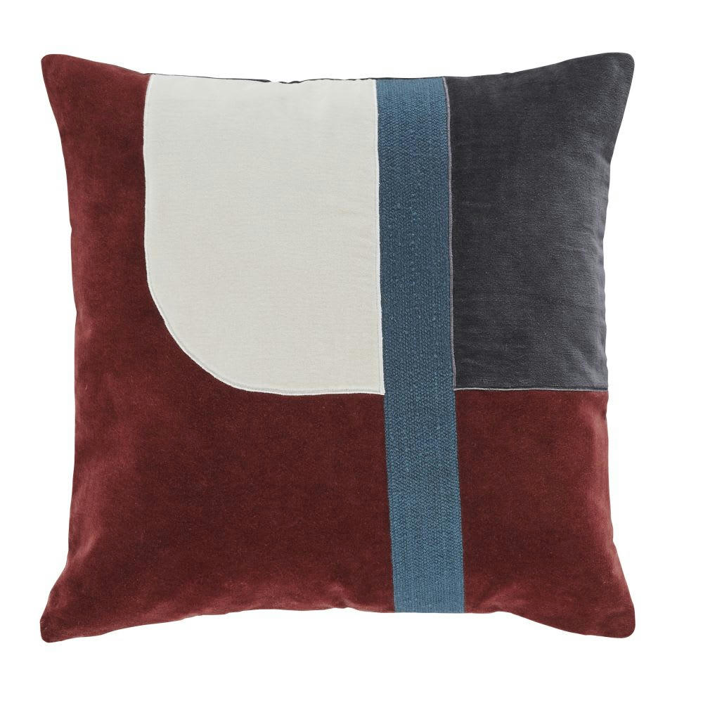 JOLIET - Coussin en velours et broderies rouge, blanc et bleu 45x45