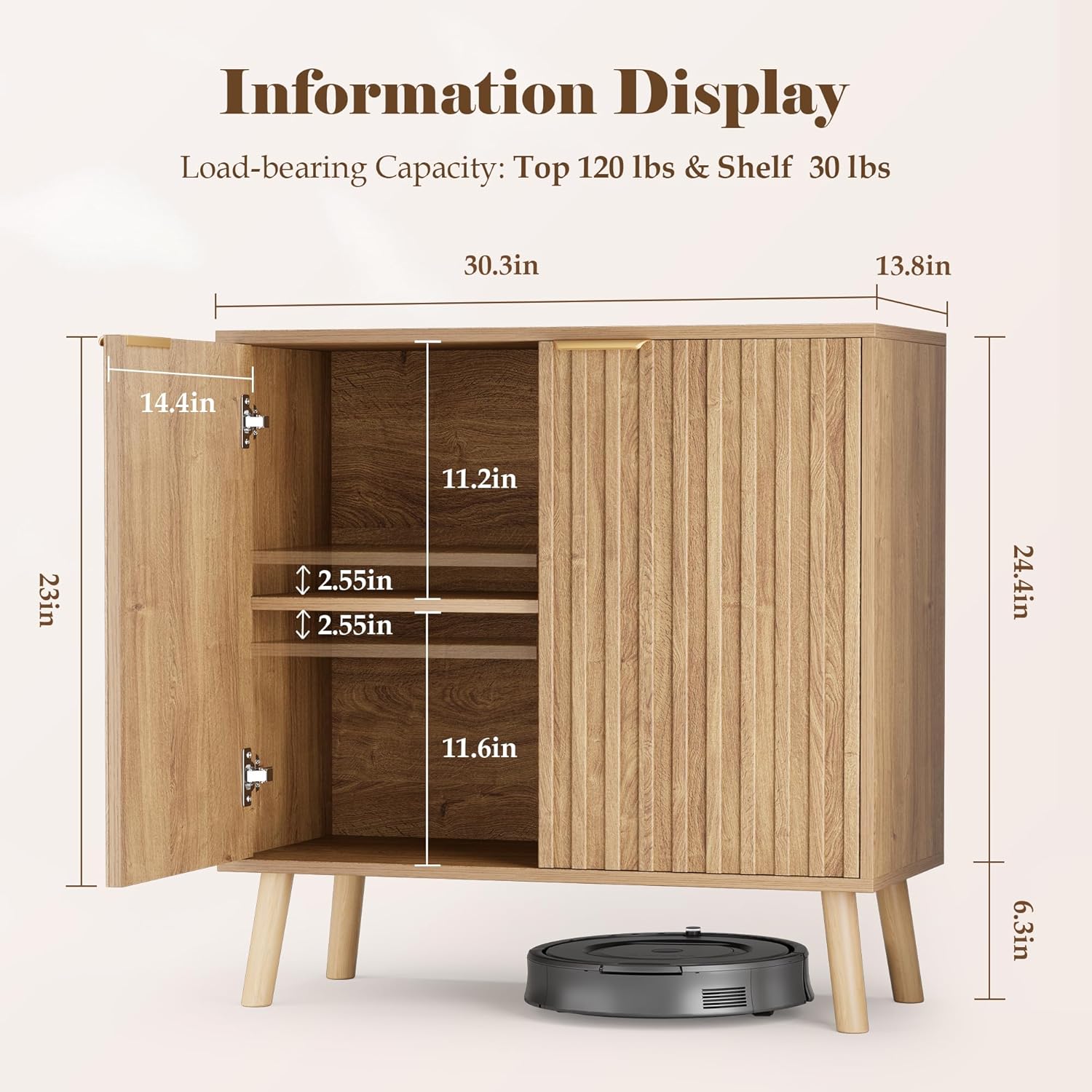 Fluted Buffet Cabinet, Free Standing Sideboard with Storage, Wood Accent Cabinet with Doors & Shelf, Multifunctional Credenza, Sideboard Buffet for Living Room, Dining Room(1, Natural)