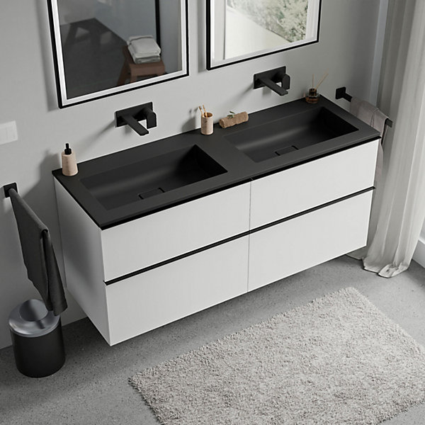Meuble vasque suspendu MDF Blanc mat, lavabo fonte sans trou robinet &poignée Noir mat - 120x46x62cm - LAVOA