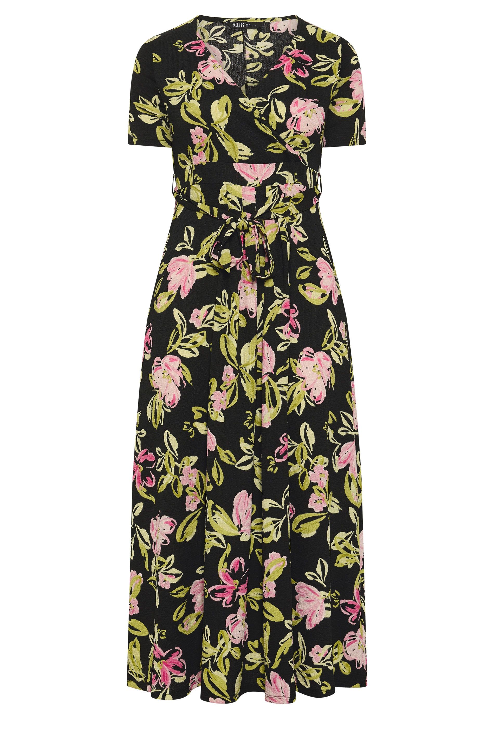 Yours Floral Wrap Front Textured Dress