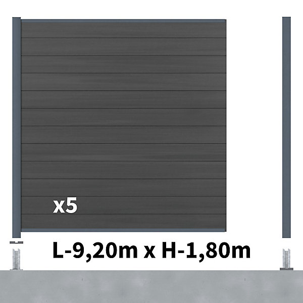Kit Clôture Composite CRUZ Ardoise 9x1,8m - Bois composite &Aluminium - Poteaux sur Platines Gris - Brise vue - Palissade