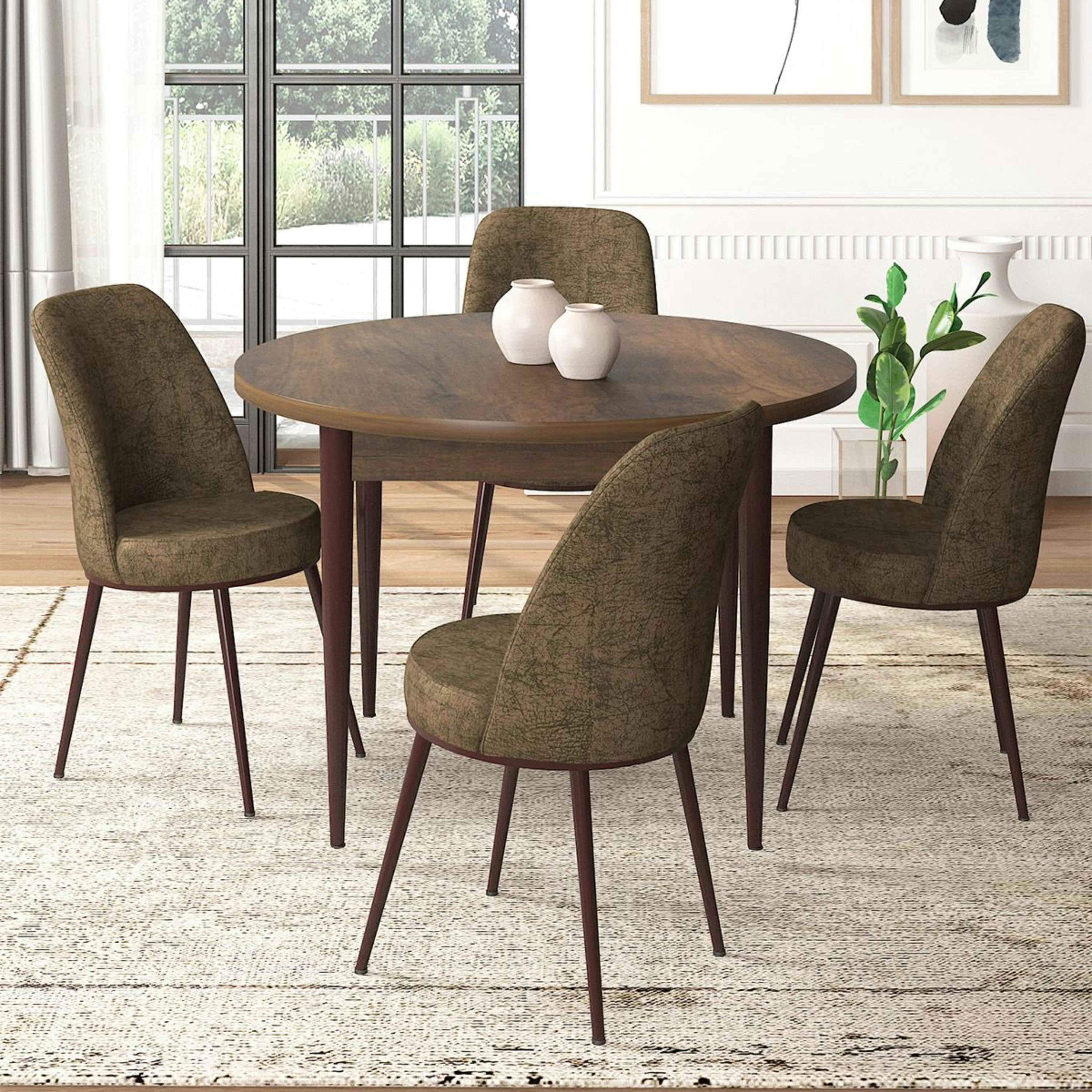 Ensemble table ronde Ø90 cm   4 chaises taupe à motifs AROLA