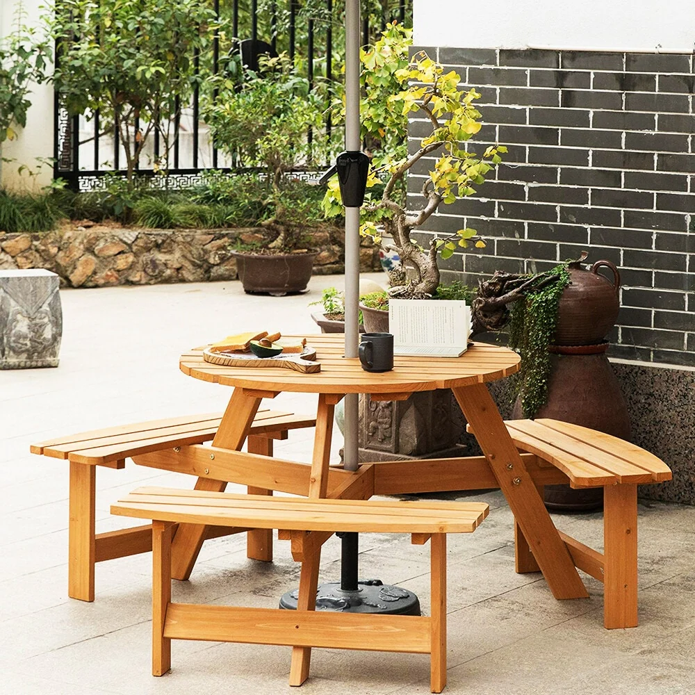 6 Person Outdoor Wood Picnic Set,Dining Table w/Benches,Umbrella Hole - 66.92D x 66.92W x 27.55H(L x W x H)