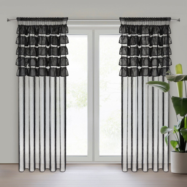 Firana gotowa na taśmie zdobiona części falbankami AURA 140X270 czarna