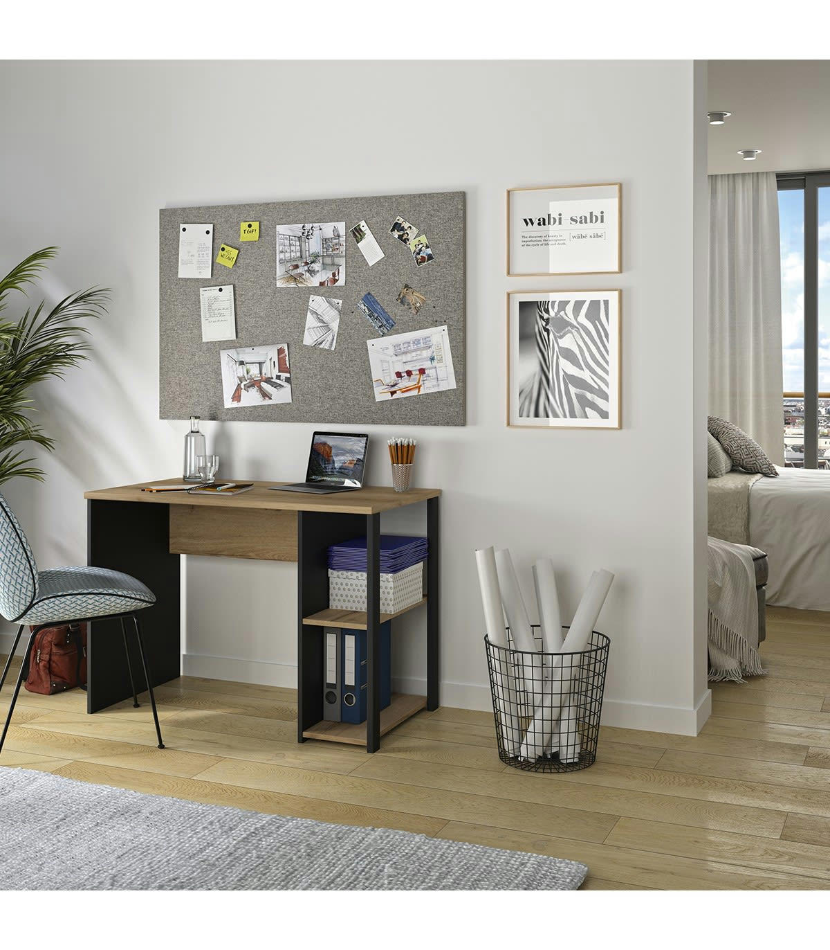 SOAN - Bureau Industriel avec Étagères Effet Bois L107 x H75 cm