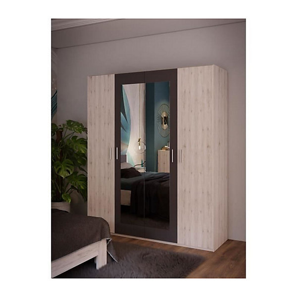 Armoire de chambre - ADRIA - Chene cendré / Gris foncé - 4 portes battantes - 2 miroirs - 177,5 x 54,2 x 210,5 cm