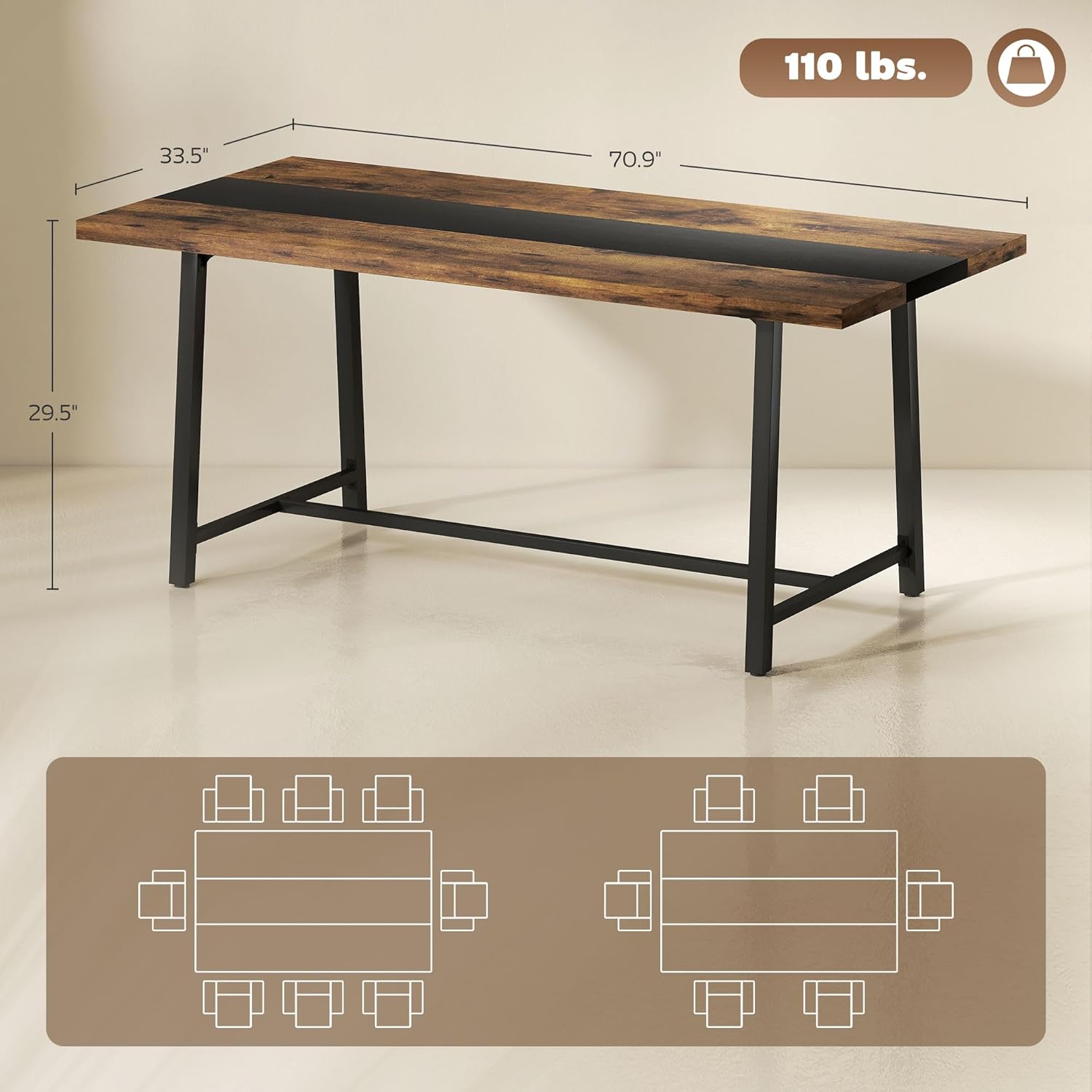 HOMCOM Industrial Dining Table for 8 People, 70.9 Long Rectangular Kitchen Table with Large Tabletop and Steel Legs for Dining Room, Rustic Brown