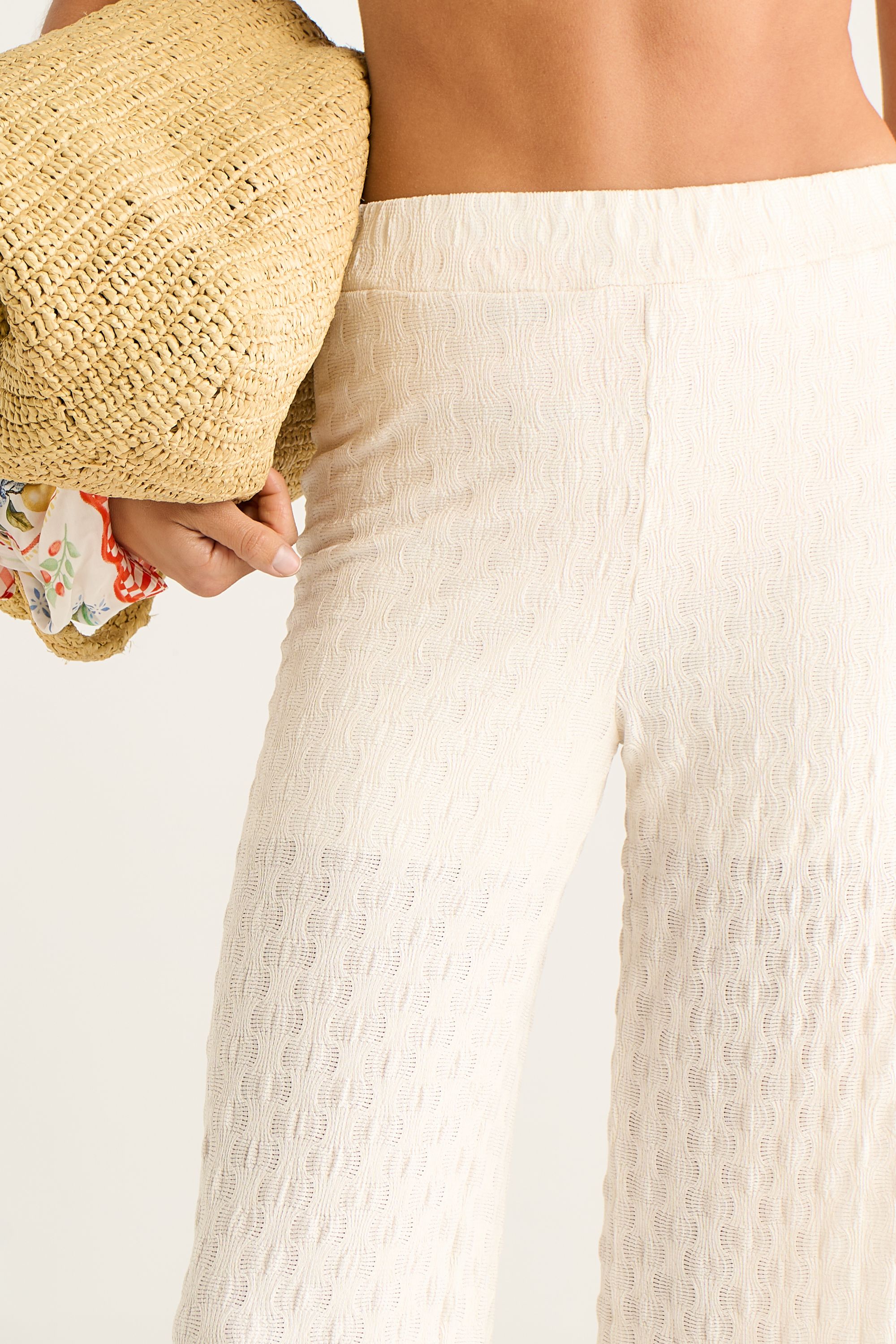 Gini London Beige Textured Elasticated Waist Flared Trousers