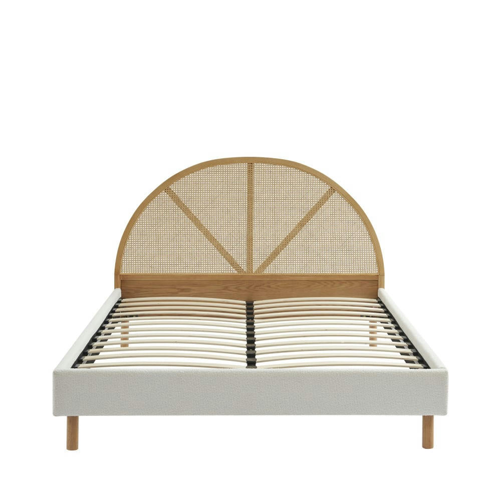 TAJUR - Lit en tissu bouclette et cannage 140x190cm ecru