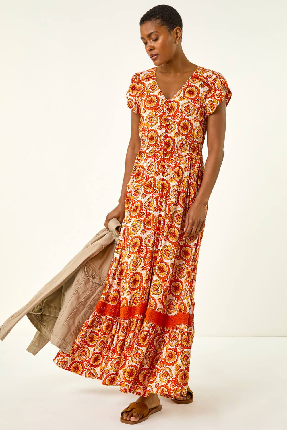Roman Abstract Lace Trim Maxi Dress