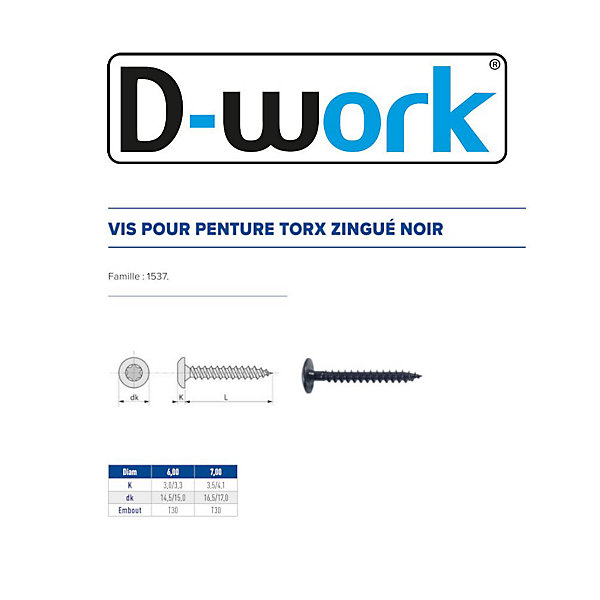 200 Vis Bois pour Penture Torx 6 x 50 mm - Zingué Noir - D-Work